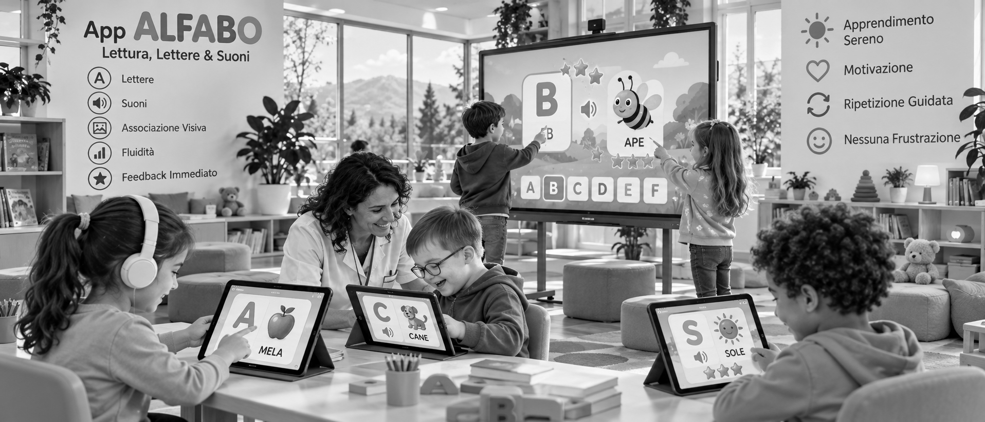 alfabo-app-lettura-dislessia-didattica-speciale-sense3 Bambino che interagisce con animazioni 3D e lettere dell'alfabeto su tablet in un esercizio di lettura interattiva per la dislessia.