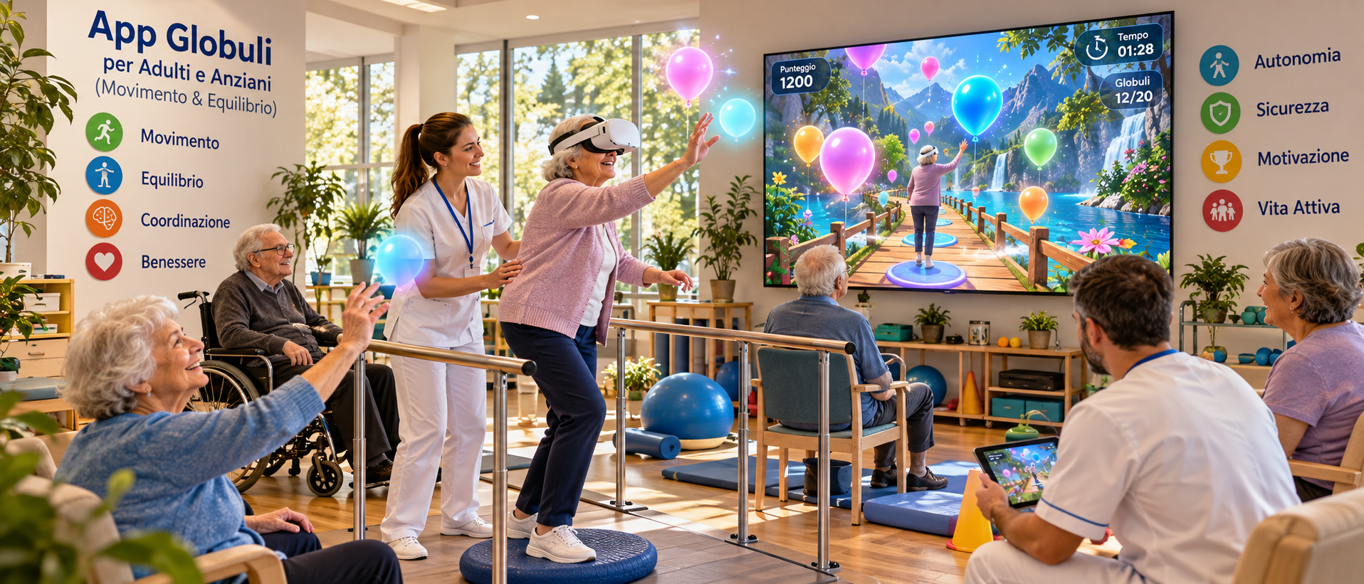 app-globuli-vr-riabilitazione-anziani-sense3 Anziano con visore di realtà virtuale mentre interagisce con elementi 3D fluttuanti per la stimolazione motoria e l'equilibrio.
