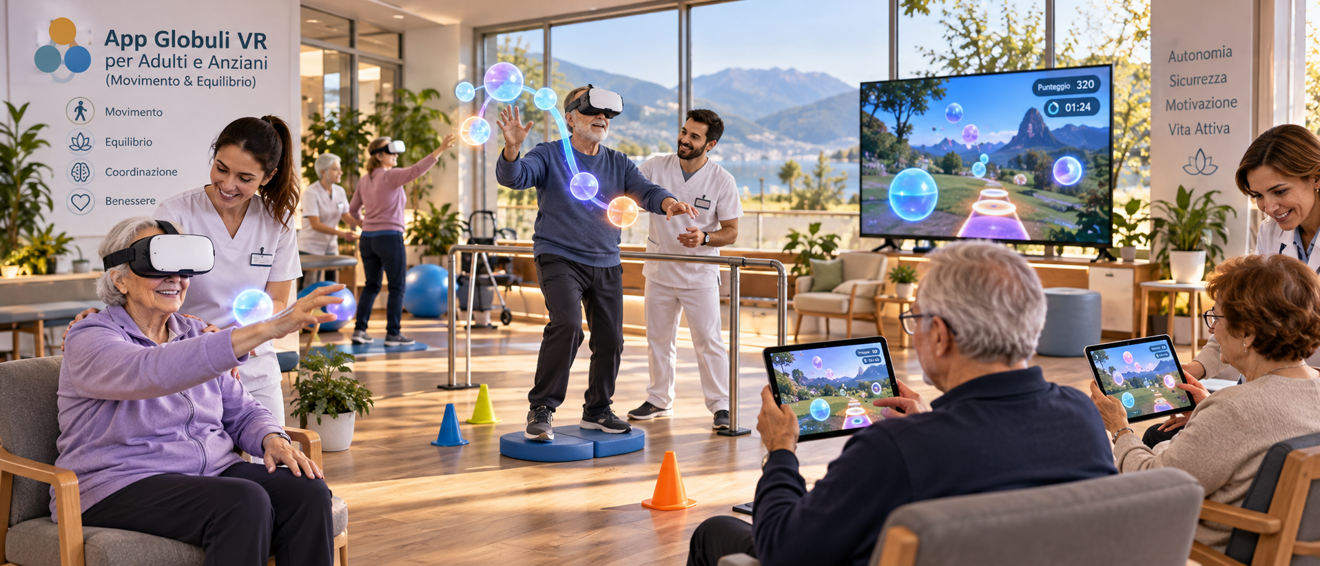 App-globuli-vr-anziani-stimolazione-motoria-sense3 Anziano mentre indossa un visore di realtà virtuale e interagisce con elementi grafici fluttuanti in un ambiente 3D immersivo e rassicurante per la stimolazione motoria e l'equilibrio.